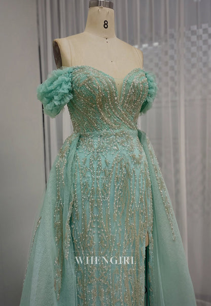Turquoise Sheath Off Shoulder Beaded Side Slit V Neck Evening Formal Dress with Train
