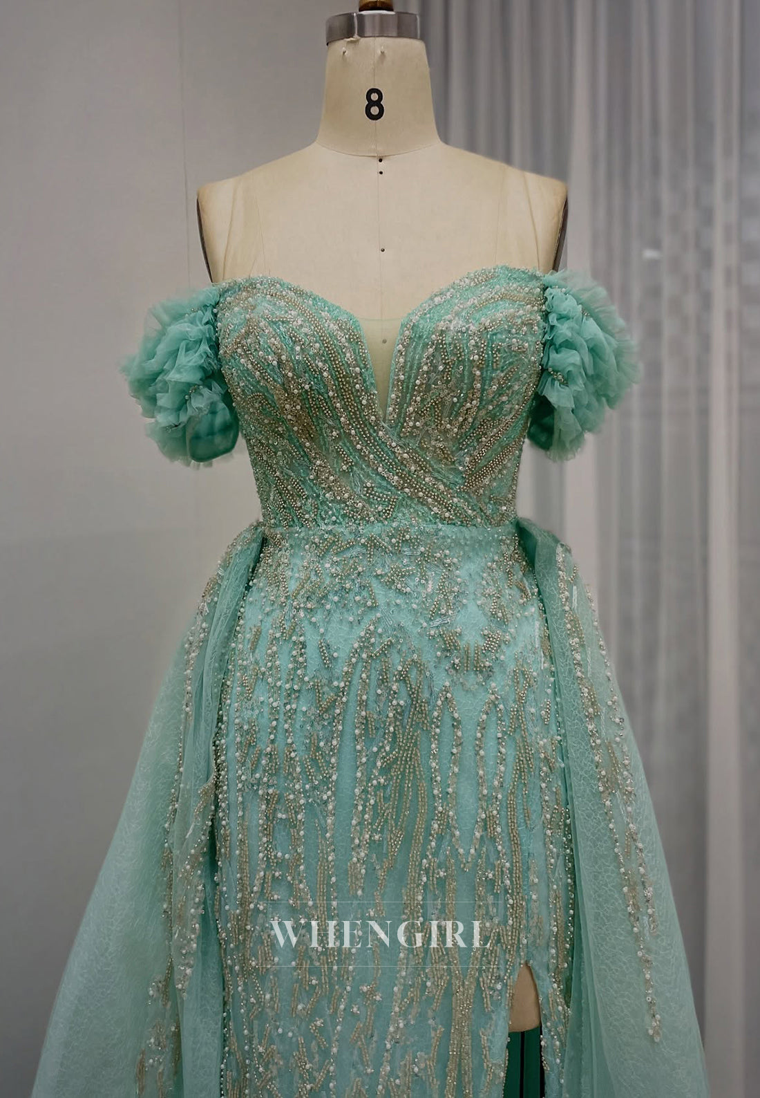 Turquoise Sheath Off Shoulder Beaded Side Slit V Neck Evening Formal Dress with Train