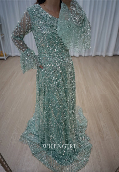 A-Line Green Asymmetrical Neck Long Bell Sleeves Beaded Back Zipper Evening Formal Gown
