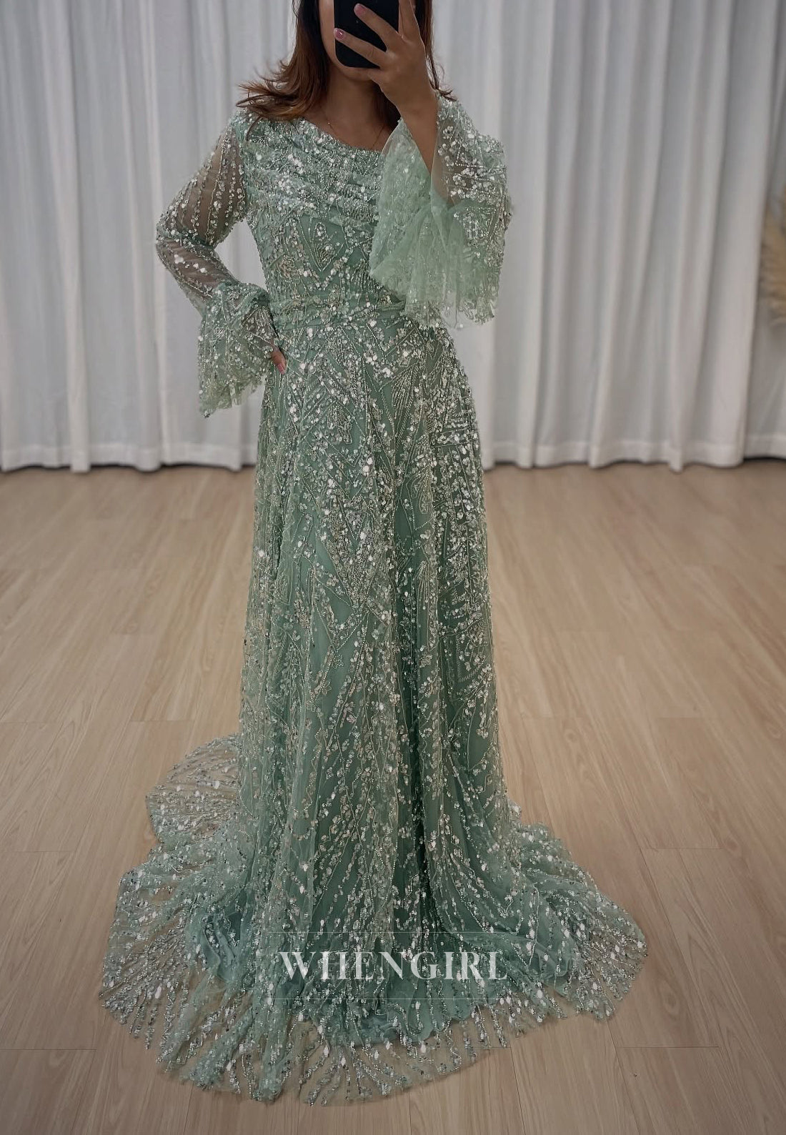 A-Line Green Asymmetrical Neck Long Bell Sleeves Beaded Back Zipper Evening Formal Gown