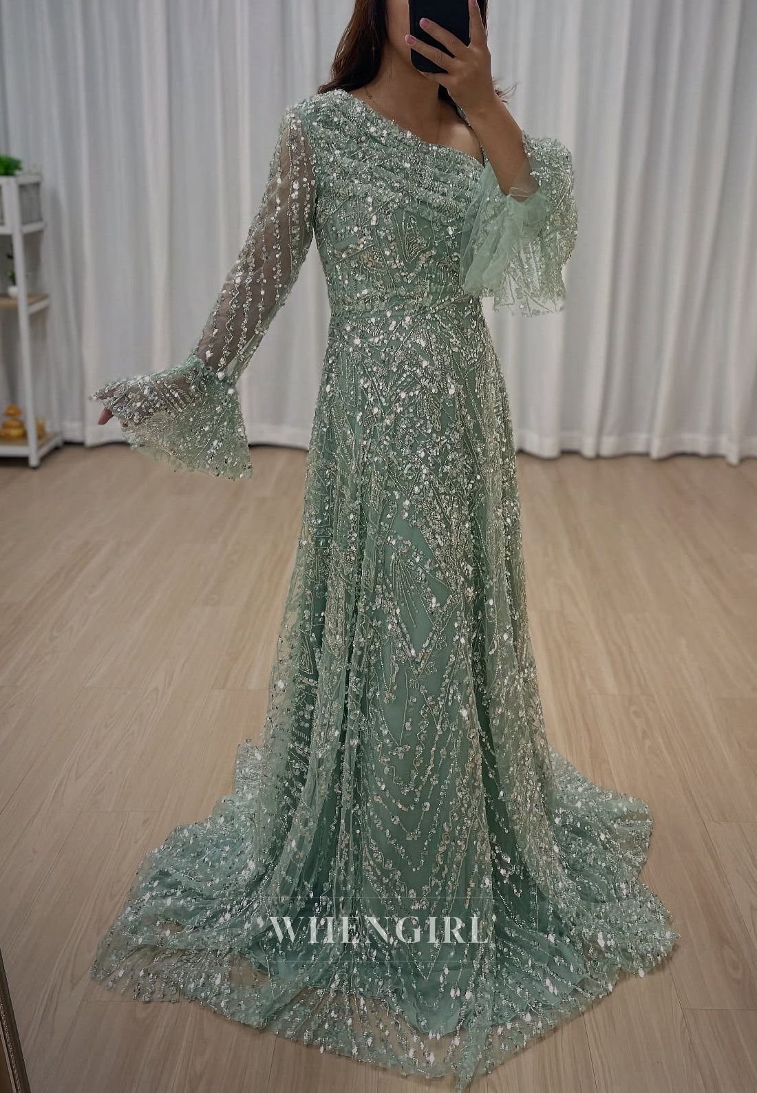 A-Line Green Asymmetrical Neck Long Bell Sleeves Beaded Back Zipper Evening Formal Gown