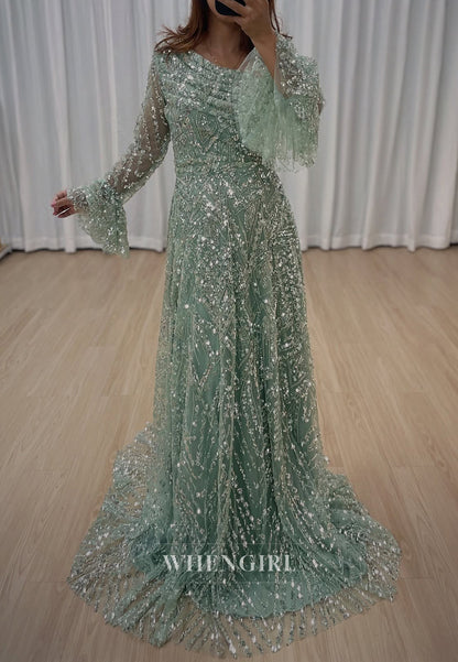 A-Line Green Asymmetrical Neck Long Bell Sleeves Beaded Back Zipper Evening Formal Gown