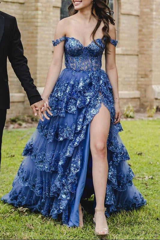 Dazzling Ball Gown Off the Shoulder Long Prom Dresses with Appliques