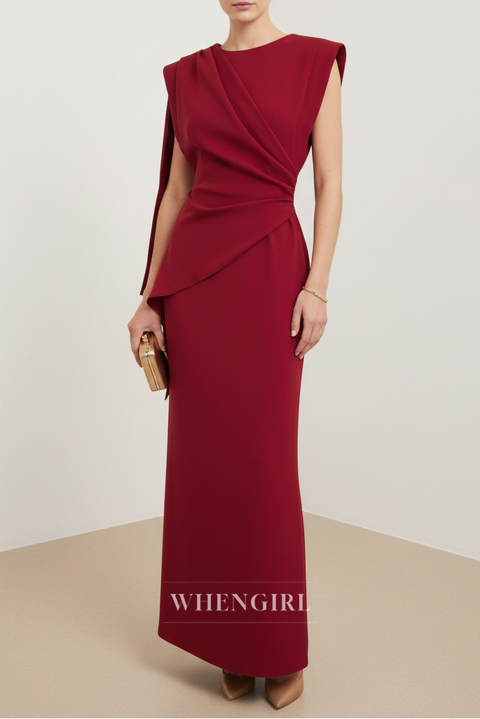Burgundy Sleeveless Ruched Sheath Maxi Dress