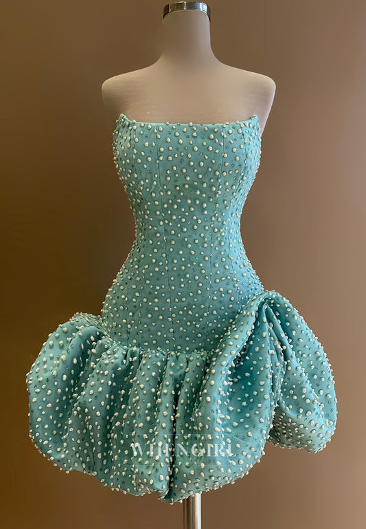 Turquoise Sheath Strapless Beaded Sleeveless Bubble Hem Short Homecoming Dress
