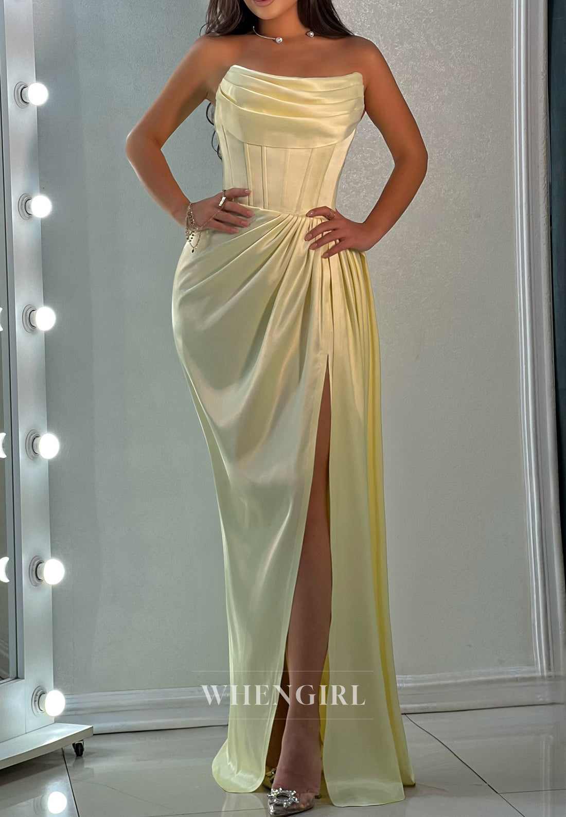 Simple Bateau Neck Strapless Pleated Side Slit Sheath Floor Length Evening Formal Gown