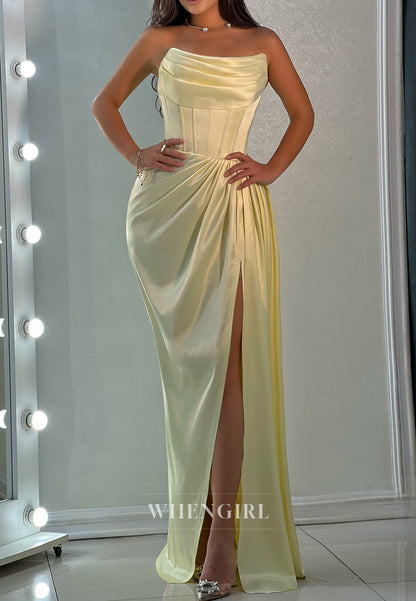 Simple Bateau Neck Strapless Pleated Side Slit Sheath Floor Length Evening Formal Gown
