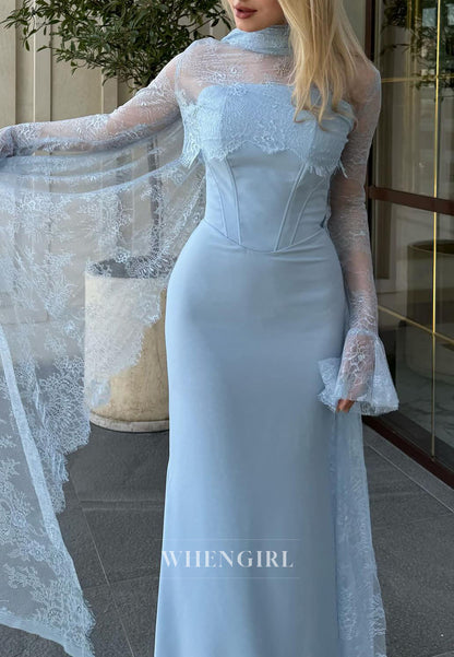 Light Blue Lace Long Sleeves Floor Length Formal Dress High Neck Column Evening Gown