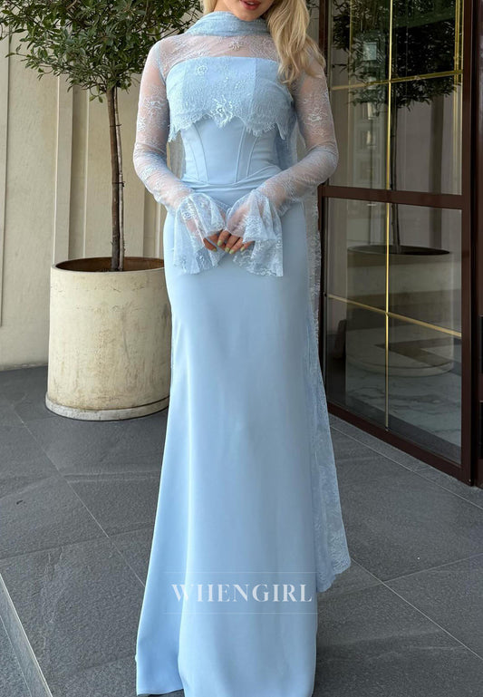 Light Blue Lace Long Sleeves Floor Length Formal Dress High Neck Column Evening Gown