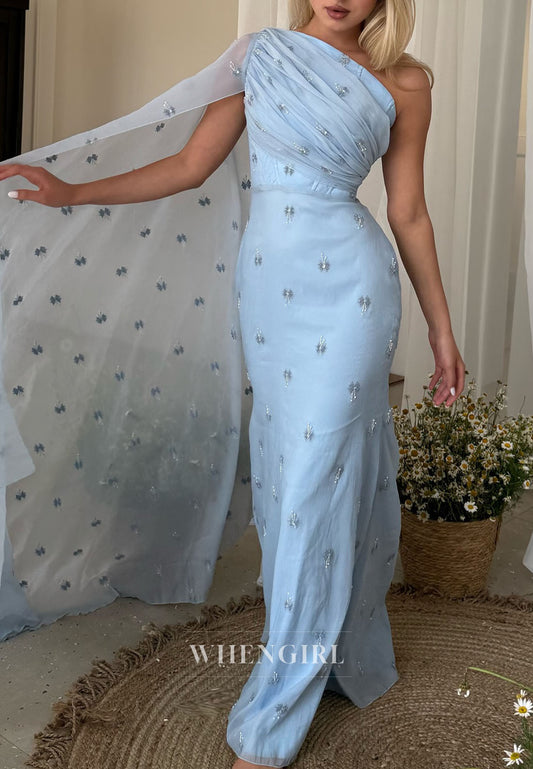 Sky Blue One Shoulder Beaded Sleeveless Floor Length Sheath Evening Gown