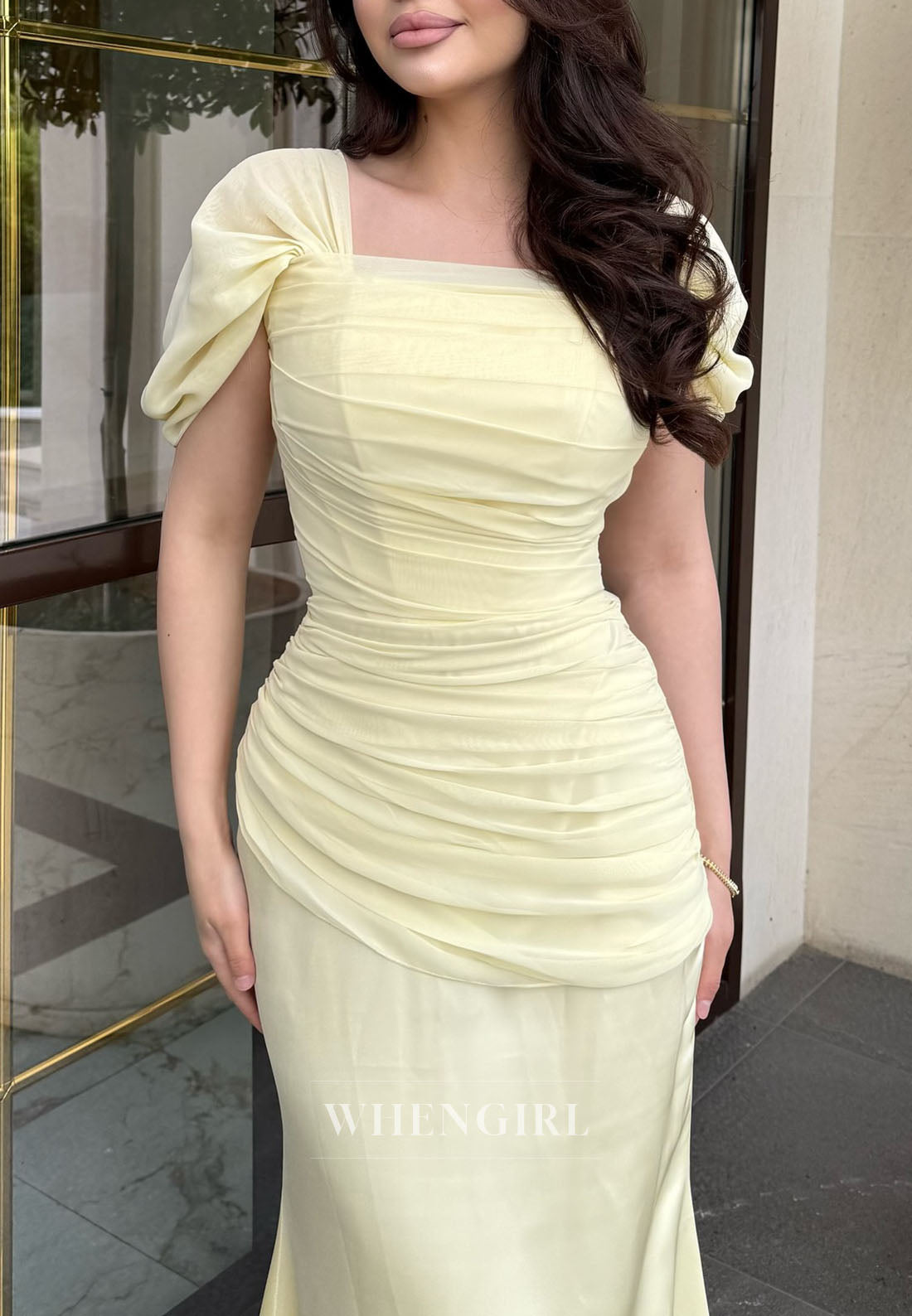 Light Yellow Square Neck Cape Sleeves Ruched Mermaid Evening Formal Dress