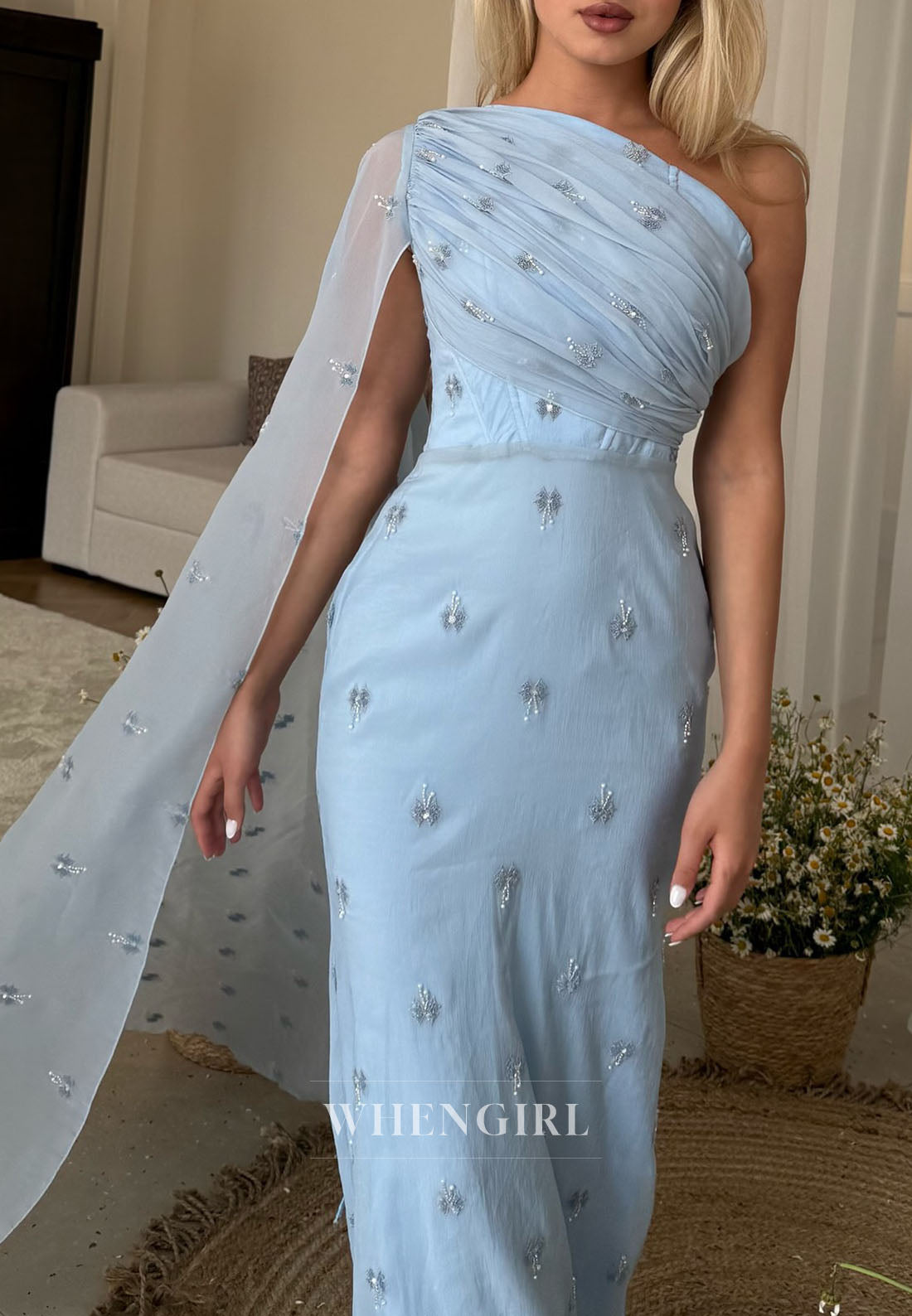 Sky Blue One Shoulder Beaded Sleeveless Floor Length Sheath Evening Gown