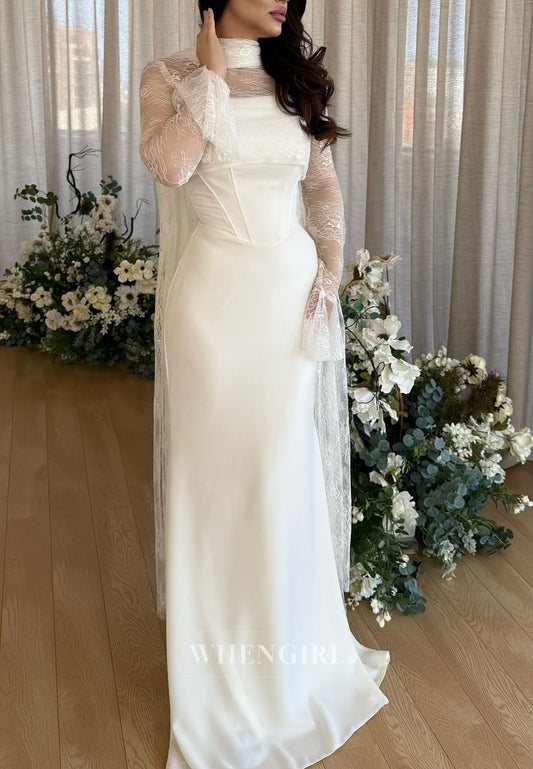Sheath Long Sleeves Lace Top High Neck Evening Dress with Scarf