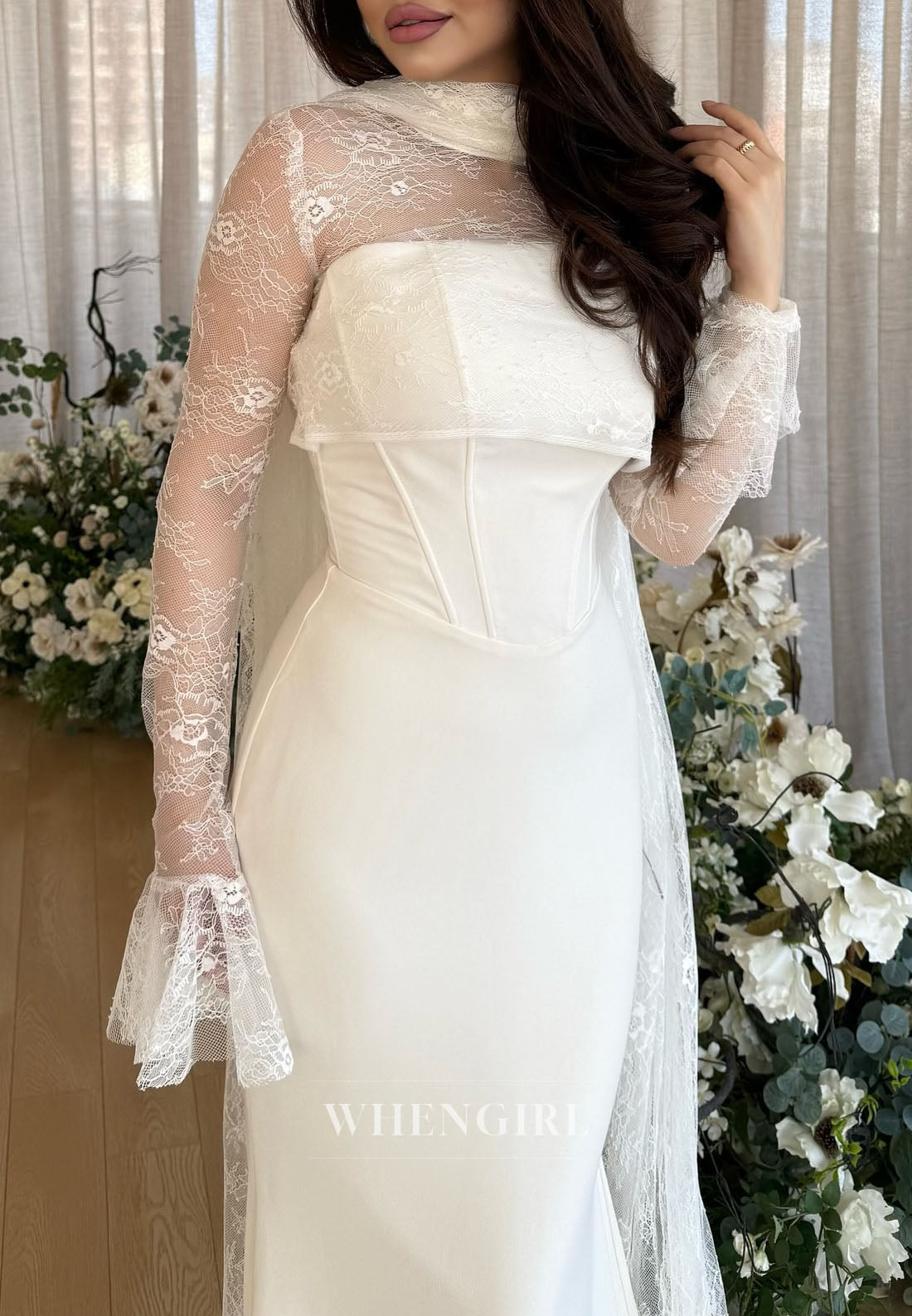 Sheath Long Sleeves Lace Top High Neck Evening Dress with Scarf