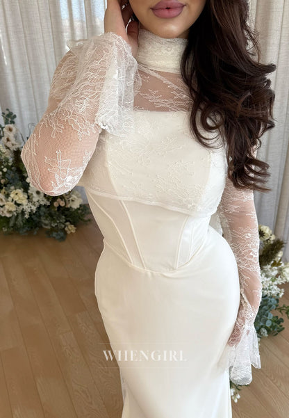 Sheath Long Sleeves Lace Top High Neck Evening Dress with Scarf