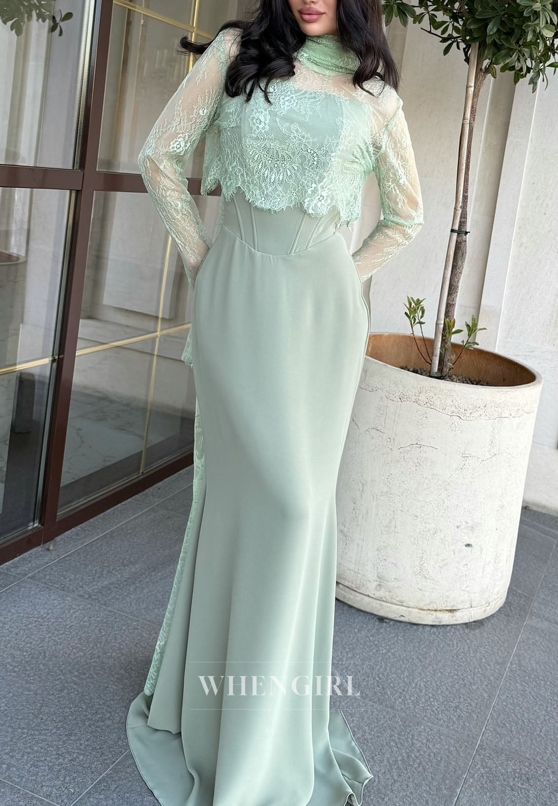 Sheath Long Sleeves Lace Top High Neck Evening Dress with Scarf