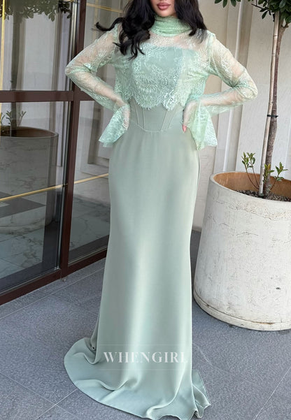 Sheath Long Sleeves Lace Top High Neck Evening Dress with Scarf