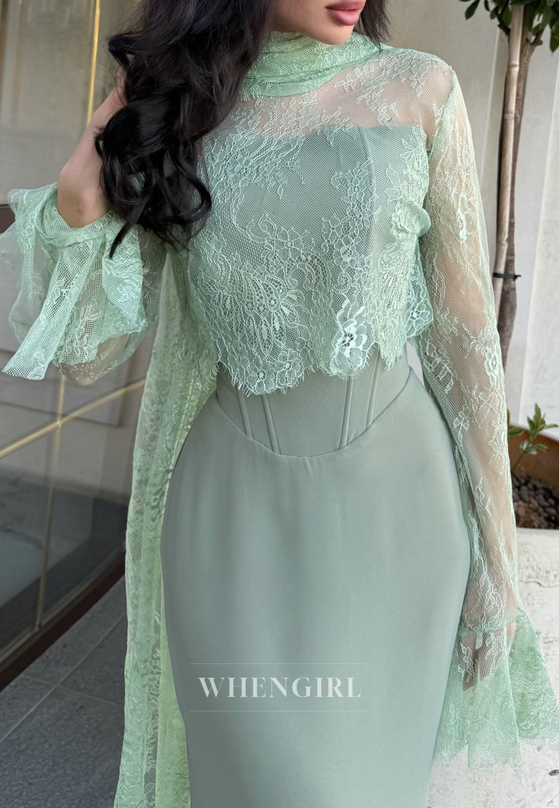 Sheath Long Sleeves Lace Top High Neck Evening Dress with Scarf