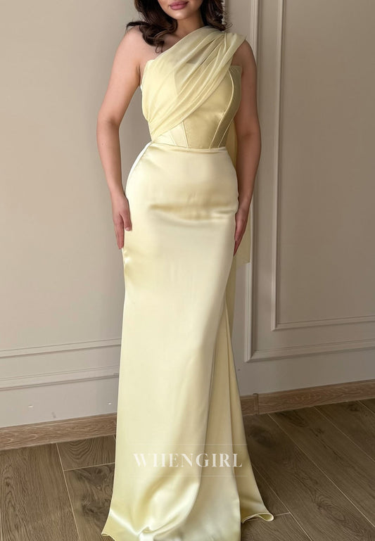 Yellow One Shoulder Sleeveless Sheath Floor Length Evening Formal Dress
