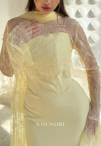 Sheath Long Sleeves Lace Top High Neck Evening Dress with Scarf