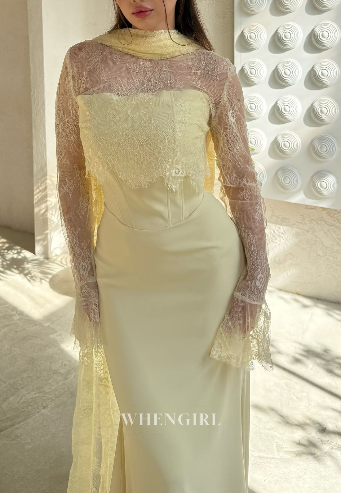 Sheath Long Sleeves Lace Top High Neck Evening Dress with Scarf