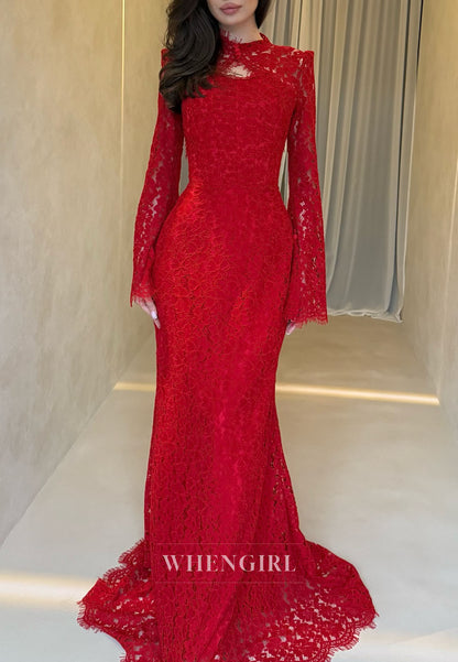 Lace High Neck Long Sleeves Floor Length Sheath Evening Formal Dress