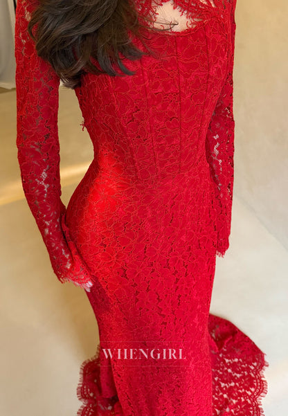 Lace High Neck Long Sleeves Floor Length Sheath Evening Formal Dress