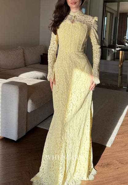 Lace High Neck Long Sleeves Floor Length Sheath Evening Formal Dress