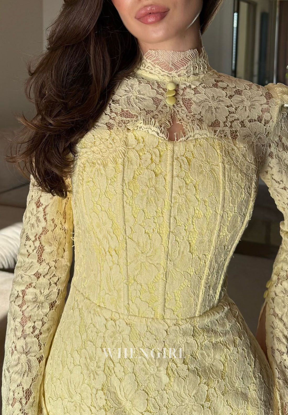 Lace High Neck Long Sleeves Floor Length Sheath Evening Formal Dress