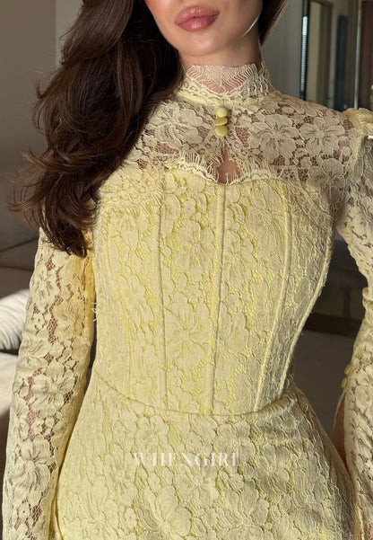 Lace High Neck Long Sleeves Floor Length Sheath Evening Formal Dress