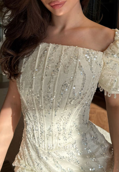 Ivory Square Neck Short Puff Sleeves Beaded Sheath Evening Formal Dress