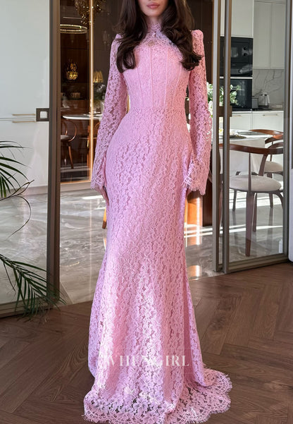 Lace High Neck Long Sleeves Floor Length Sheath Evening Formal Dress