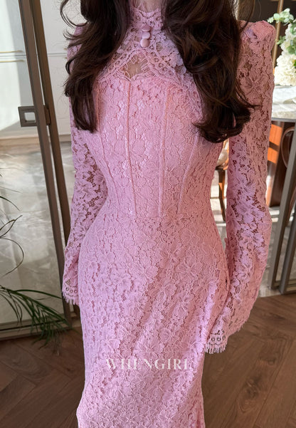 Lace High Neck Long Sleeves Floor Length Sheath Evening Formal Dress