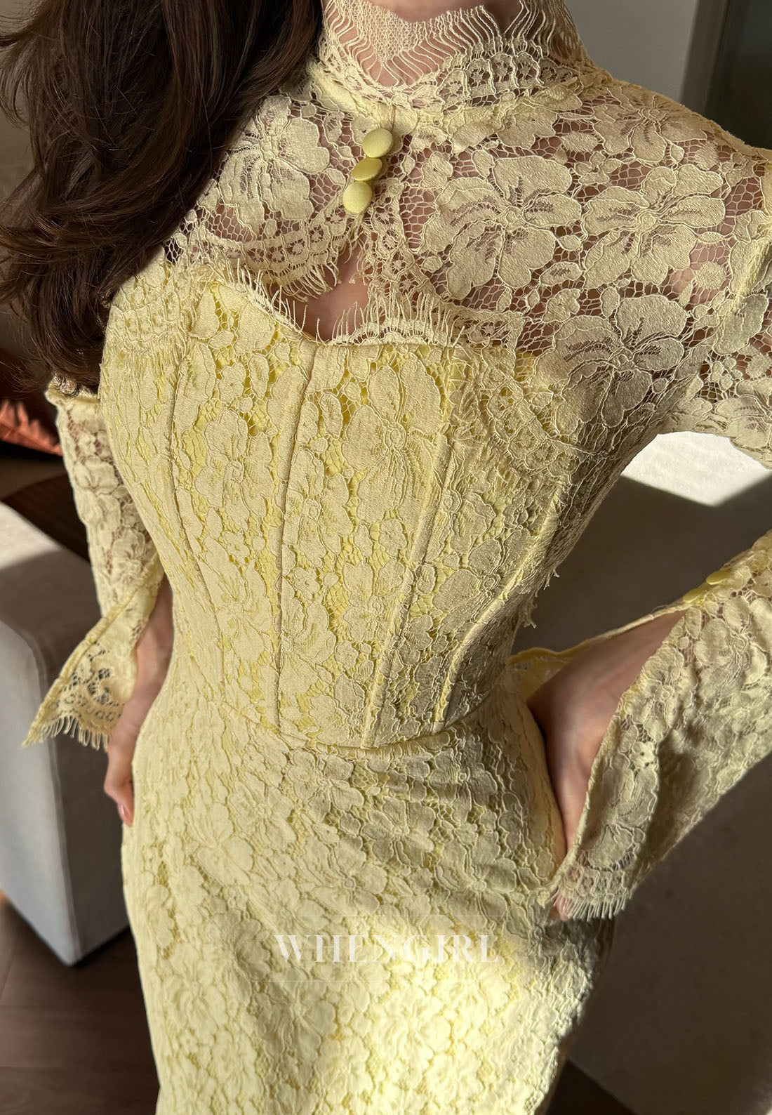 Lace High Neck Long Sleeves Floor Length Sheath Evening Formal Dress