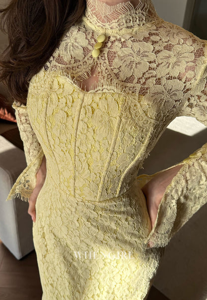 Lace High Neck Long Sleeves Floor Length Sheath Evening Formal Dress