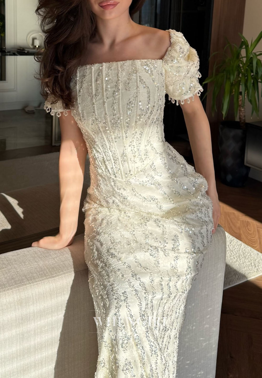 Ivory Square Neck Short Puff Sleeves Beaded Sheath Evening Formal Dress