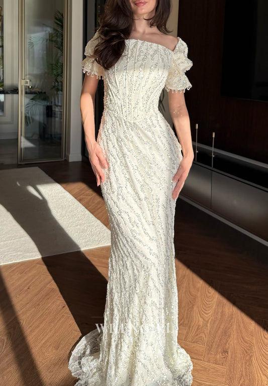 Ivory Square Neck Short Puff Sleeves Beaded Sheath Evening Formal Dress