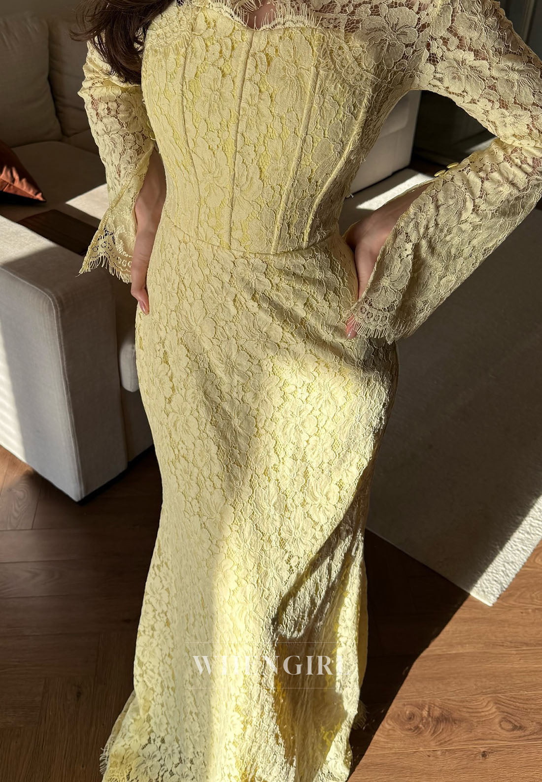 Lace High Neck Long Sleeves Floor Length Sheath Evening Formal Dress