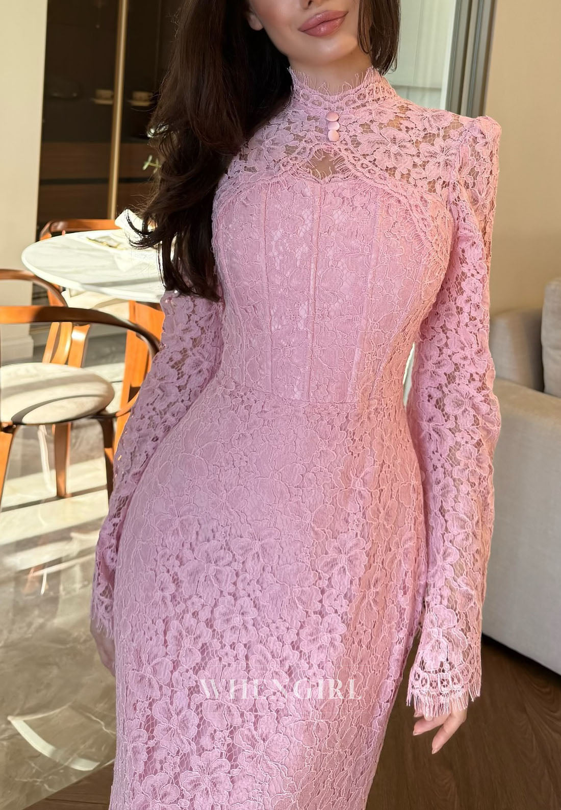 Lace High Neck Long Sleeves Floor Length Sheath Evening Formal Dress