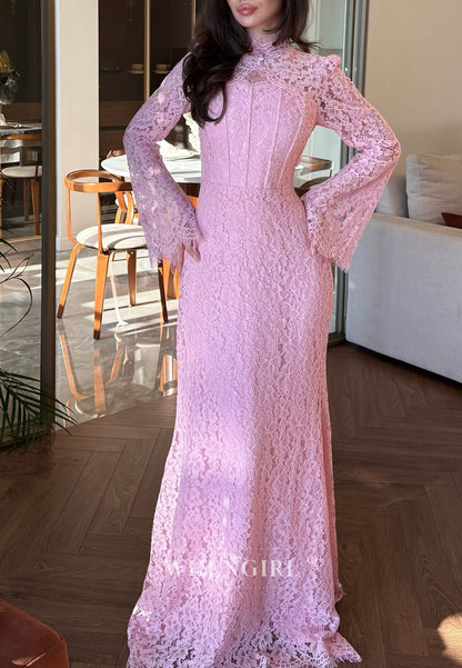Lace High Neck Long Sleeves Floor Length Sheath Evening Formal Dress