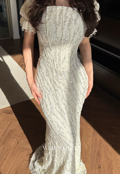 Ivory Square Neck Short Puff Sleeves Beaded Sheath Evening Formal Dress