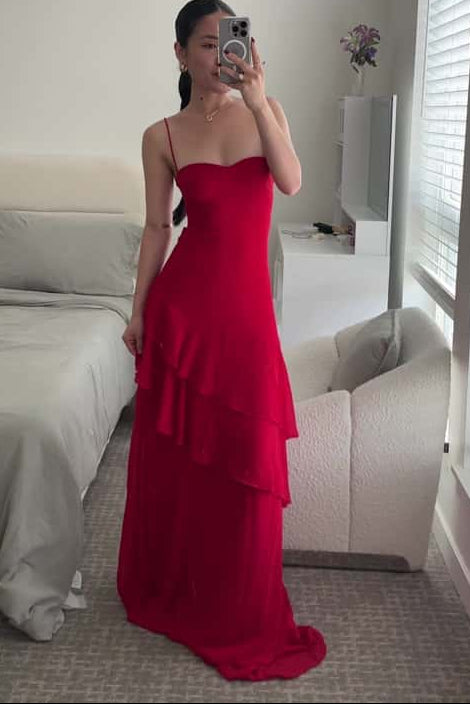 Red Spaghetti Strap A-Line Ruffled Long Dress