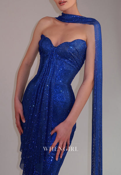 Navy Asymmetrical Neck Beaded Sheath Floor Length Prom Dress with Scarf