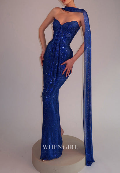 Navy Asymmetrical Neck Beaded Sheath Floor Length Prom Dress with Scarf