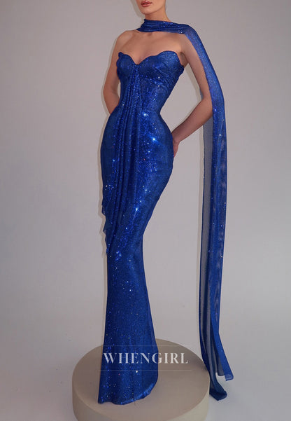 Navy Asymmetrical Neck Beaded Sheath Floor Length Prom Dress with Scarf