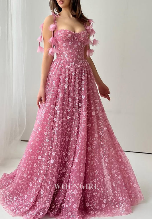 A-Line Floral Sleeveless Spaghetti Strapls Lace Up V Neck Formal Evening Dress