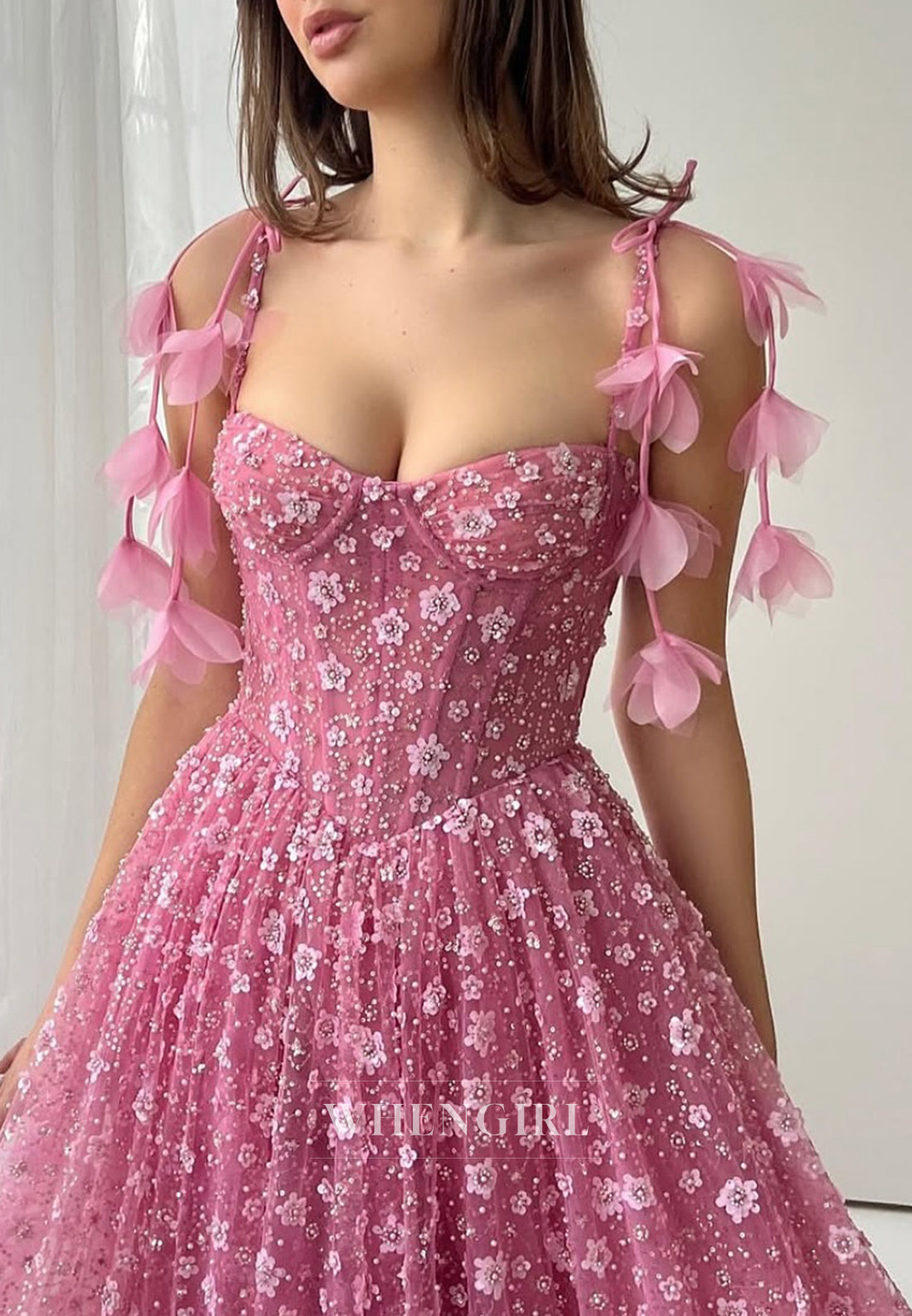 A-Line Floral Sleeveless Spaghetti Strapls Lace Up V Neck Formal Evening Dress