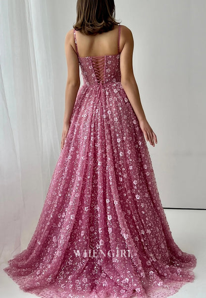 A-Line Floral Sleeveless Spaghetti Strapls Lace Up V Neck Formal Evening Dress