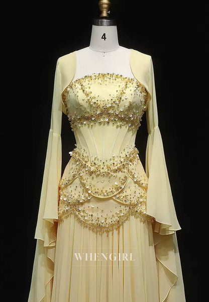 Daffodil Beaded A-line Formal Dress Bell Sleeves Sequins Lace Up Chiffon Column Evening Dress