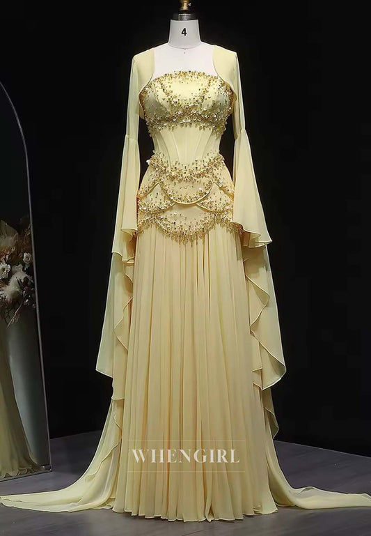 Daffodil Beaded A-line Formal Dress Bell Sleeves Sequins Lace Up Chiffon Column Evening Dress